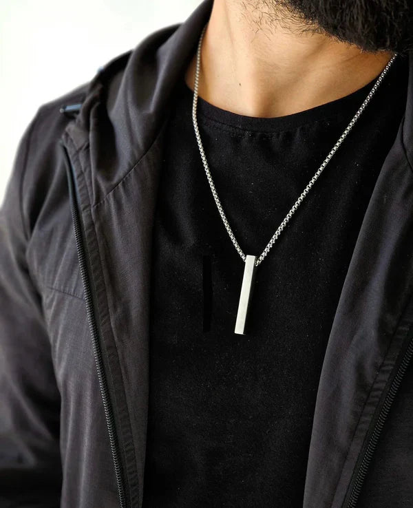 Silver Vertical Bar Pendant With Curb Chain