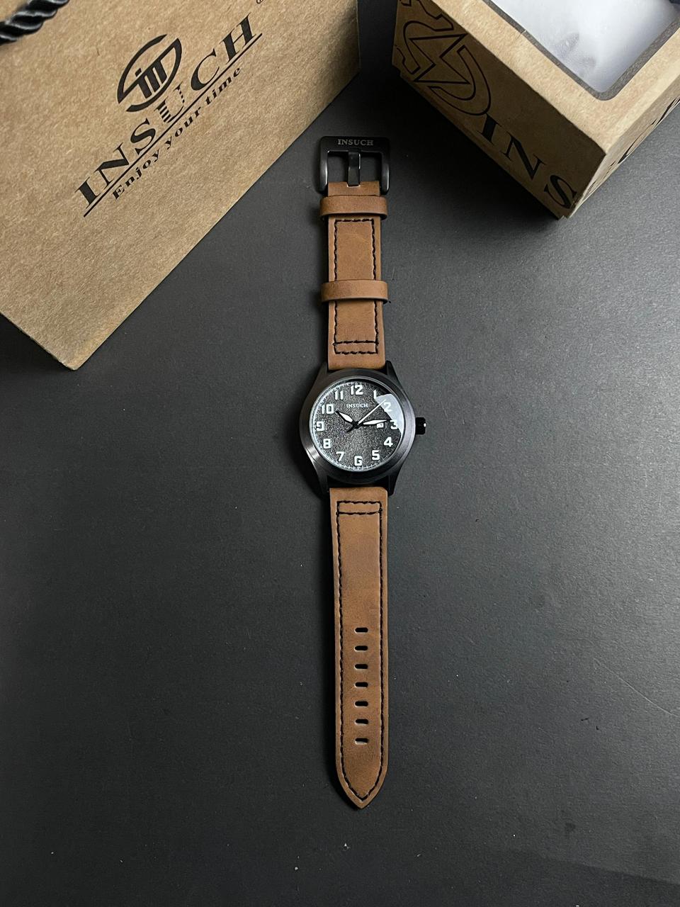 INSUCH MEN'S WATCH,Quartz Machine With Leather Strap